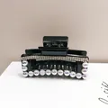 Elegant black hair claw clip with rhinestones and pearlescent beads for women's hairstyles - Medium-sized Pearl Clasp Chain Clip [square Black]