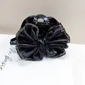 Elegant black satin bow hair claw clip with sparkling rhinestone edges for women - Satin Bowknot Rhinestone Edge / Black