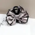 Elegant champagne purple silk ribbon hair claw clip with black beaded trim for thick hair - Satin Bowknot Rhinestone Edge / Lavender