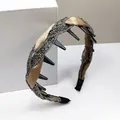 Detail of champagne gold satin headband with sparkling silver beads and inner teeth - Champagne Woven Rhinestone Headband