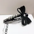 Elegant black ribbon bow hair clip with grey pearls and rhinestones on white base - Claw Clip (Bowknot Crystal)