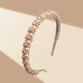 Detailed close-up of champagne pearl headband showing intricate beadwork and fabric lining - Champagne
