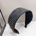 Detail of black wide headband with sparkling silver rhinestones in a grid pattern - 3.2cm High Top Grid Pattern / Smoke Gray