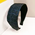 Elegant wide headband with sparkling blue rhinestones on black fabric base - 6cm Wide Rectangular Lattice / Navy Blue