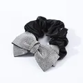 Elegant black satin hair tie with sparkling rhinestone bow detail for women hair styling - White Zircon