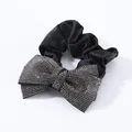 Black satin hair scrunchie with a large bow featuring grey-black rhinestones - Smoke Gray