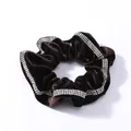 Detail of dark brown velvet scrunchie with sparkling double-row rhinestone edges - Coffee Velvet with 3-Row Rhinestones