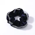 Close-up of deep blue velvet scrunchie with sparkling rhinestone edges and rich texture - Navy Velvet with 3-Row Rhinestones