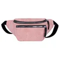 Pink corduroy waist bag with black adjustable strap and dual zipper pockets - Pink