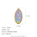 18K gold plated stainless steel oval flower pendant with UV printing floral design - Blue Background Colorful Flowers (C9648) / Gold