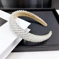 Sparkling white crystal headband with beads on premium wide padded elegant band - Diagonal Twill Style / 2.5cm Wide / White