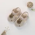 Sandales d'été souples pour bébés en coton beige avec décoration tête de lapin brun - Taille 13 (Longueur Intérieure 11.5cm) / Style Lapin