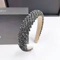 Handmade headband with dark silver crystals and beige lining for women - Gun Black Diagonal Rhinestone