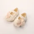 Zapatos Mary Jane para bebé crema con encaje floral y lazo grande de malla - Longitud Interior 12cm / Zapatos Florales Blancos