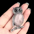 Antique silver owl necklace featuring a large oval pink natural stone pendant - Rose Quartz