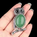 Vintage silver owl necklace featuring a large oval green natural stone and black gemstone eyes - Green Aventurine