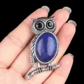 Antique silver owl necklace pendant with deep blue oval stone and black gemstone eyes - Lapis Lazuli