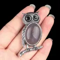 Natural stone owl pendant with vintage silver wings and grey translucent agate belly - Grey Agate