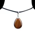 Tiger eye stone waterdrop pendant with silver clasp on black cord necklace - Tiger's Eye
