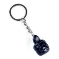 Black crystal turtle keychain with translucent agate stone carving and silver metal ring - Obsidian