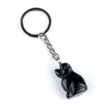 Polished black obsidian dog figurine keychain with silver-tone metal ring and chain - Obsidian