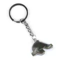 Dolphin keychain carved from natural green stone with spots and polished metal ring - India Agate