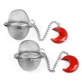 Moon tea strainer set with red stone crescent charms and stainless steel mesh balls - Red Jasper Style