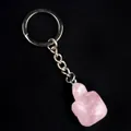 Pink quartz turtle keychain with silver metal ring and detailed shell carving - Rose Quartz