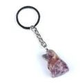 Purple amethyst carved puppy dog animal keychain with silver metal ring and chain - Amethyst
