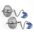 Stainless steel tea strainer with blue crystal moon charm and fine mesh tea infuser ball - Blue Spot Stone Style