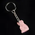 Handcrafted pink quartz rabbit pendant keychain with silver metal ring and chain link - Rose Quartz