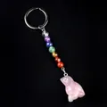 Chakra keychain featuring seven gemstone beads and a pink quartz cat-shaped pendant - Cat Style / Rose Quartz