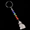 Chakra sleutelhanger met zeven natuurstenen en grijze agaat vos hanger aan metalen ring - Kat Snijwerk (1956) / Witte Crazy Lace Agaat