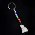 7 Chakra stone keychain featuring colorful beads and a grey striped stone frog pendant - White Crazy Lace Agate