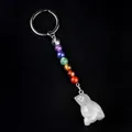 Owl keychain featuring multi-color chakra crystal beads and white stone owl pendant - White Crystal