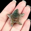 Star-shaped seafoam moss agate carving with a cute smiley face for healing decor - India Agate