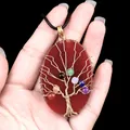 Handmade Tree of Life wire wrapped red agate slice pendant with chakra beads - Red Agate