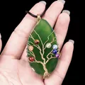 Green agate tree of life pendant with gold wire wrap and multi-color beads on black cord - Green Agate