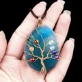 Blue agate tree of life wire wrapped pendant with seven chakra stones on black cord - Blue Agate