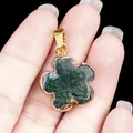 Green natural stone flower pendant with golden plating and 20mm carved petal detail - India Agate
