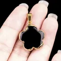 Gilded five-petal flower pendant with black agate stone inlay and teardrop bail - Obsidian
