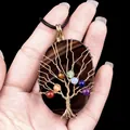 Handmade life tree wire wrapped agate pendant with colorful chakra beads and gold wire - Black Agate