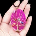 Pink agate slice life tree pendant with colorful gemstone beads and gold wire wrap - Rose Red Agate