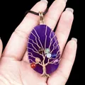 Purple agate tree of life pendant with colorful chakra beads and golden wire wrap - Purple Agate