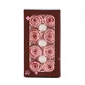 Gift box with eight preserved pink roses arranged in a dark brown window display box - Medium Flower / Light Pink