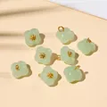 Light green glass flower charms with gold accents for DIY jewelry making set of 8 - 10x10mm / Green