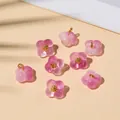 Eight translucent lavender glass flower charms with gold cores and hanging rings for DIY - 10x10mm / Pink