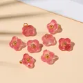Pink transparent resin flower charms with golden metal core for DIY jewelry making - 10x10mm / Watermelon red