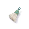 Handmade cream white cotton tassel pendant with blue and yellow woven loop detail - 2 Pieces/Pack (4-5cm / 3mm Hole) / No.41 Blue Green + Off White Tassel