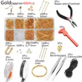 Detail of 800pcs jewelry making kit with pliers, tweezers, wires, and assorted gold findings - Gold
